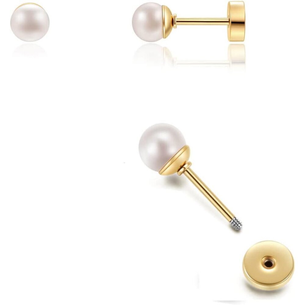 Pearl Stud Earrings Screw Back,Flat Back Pearl Cartilage Helix Earrings 316L Sur